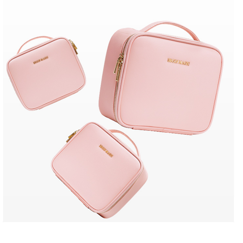 handle pink color pu makeup sets women cosmetic bag travel