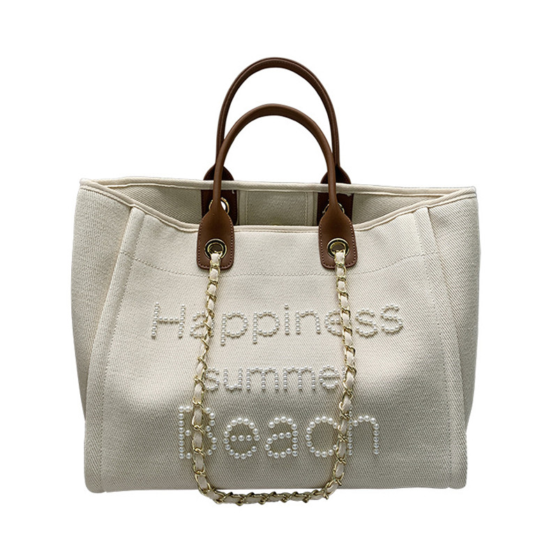 Leather hand chain pearl beach bag Mommy bag shoulder tote lady's bag