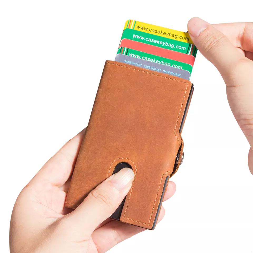 Hot New wallets for Men Slim Aluminum Pop Up Card Holder Man Real Leather wallet