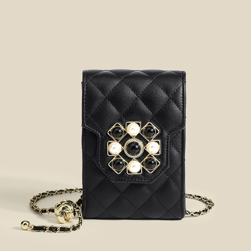 Women pearls diamond grid purse single shoulder handbag cell phone bag