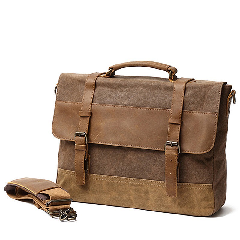 Retro men oil wax canvas shoulder bag cross briefcase multifunctional handbag computer leather document bag