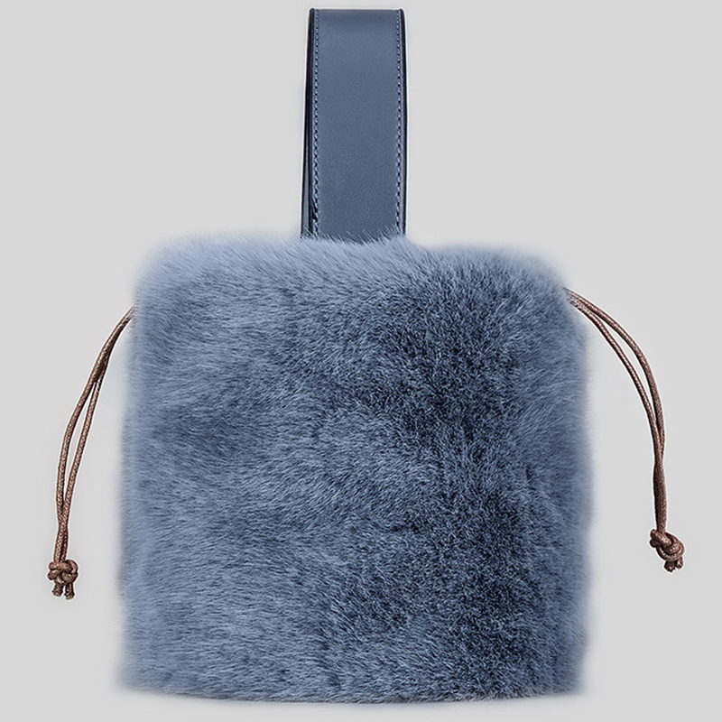 Winter drawstring bucket bag women's furry cute handbags