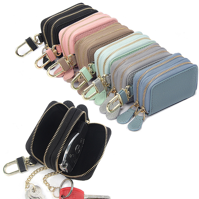 Double pockets cowhide leather home car's key holder mini zipper wallets