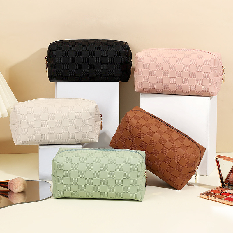 Pillow shape women's makeup tool storage diamond lattice PU leather cosmetic bags
